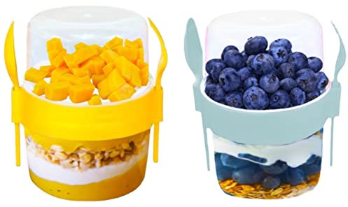 VL 2PCs Yogurt Pots Reusable 500ml Yoghurt Container with Spoon & Fork BPA free Breakfast Pots to GO Muesli Cereal On the Go Dishwasher Safe Lunch Box Oatmeal Jars, Set of 2 (Grey, Yellow)