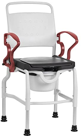 Toilettenstuhl für Senioren FabaCare Ulm, Duschstuhl höhenverstellbar, mit Eimer, abschwenkbare Armlehnen, Nachtstuhl, Hygienestuhl, Leibstuhl, WC-Stuhl, made in Germany, bis 130 kg, Grau-Rubinrot