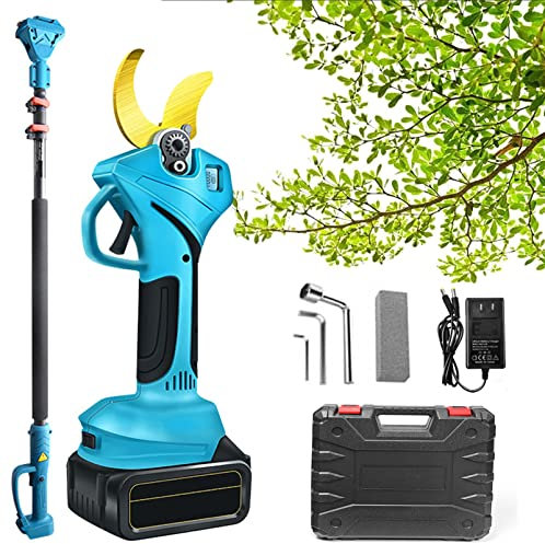 Tijeras de Podar Electricas con Pértiga de Extensión, DiáMetro MáXimo de Poda 60mm, Tijeras de Podar Bateria Profesional con Baterías 2Ah, Sk5 Teflón Blade, para Jardineria, Huerto,1Battery