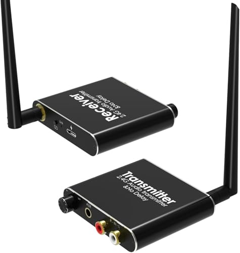 eppfun Drahtlos Audio Sender Empfänger, 24bit/192kHz HiFi Stereo Transmitter and Receiver Kit, 12,5ms Low Latency für TV/PC zu Lautsprecher/CD Player/Amp, Cinch & 3,5 mm Klinke Ausgang/Eingang