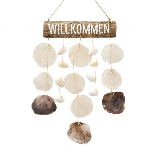 ReWu Willkommen Schild mit Muscheln, Treibholz, 62 cm | Maritimes Willkommensschild aus Treibholz & Muscheln, handgearbeitet und handgemalt, ca. 32 x 4 x 62 cm.
