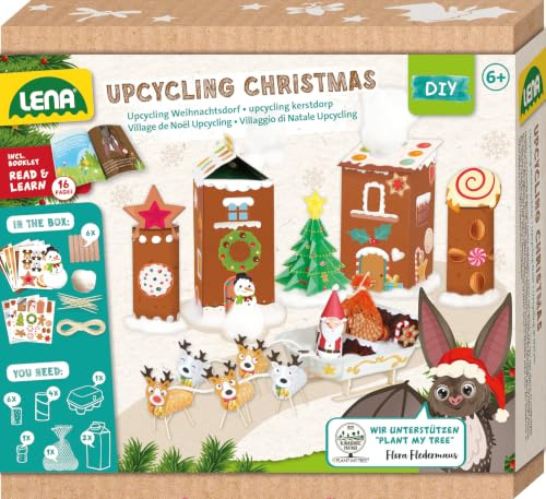 Lena 42840 Upcycling Weihnachts-Bastelset für Kinder ab 6 Jahren | Komplettset mit Watte, Stickern und anderen Bastelutensilien, Storybook mit Anleitung zum Deko Basteln, 18,5 x 4 x 17 cm