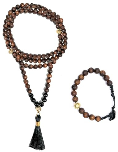 Samsara Original Mala Tibetana da Preghiera 108 Grani in Legno d'Agar AAA ed Onice - Artigianale, Rosario Buddista | 0,5cm di spazio per far scorrere le Perle | Guru e Nappa (MALA & BRACCIALE)