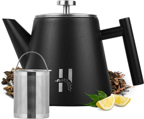 Hanamura Thermo Teekanne mit Siebeinsatz - Teekanne edelstahl, Doppelwandig und mit sieb - 1L - Teekanne Schwarz metall - Isolierkanne Tee Modern Design