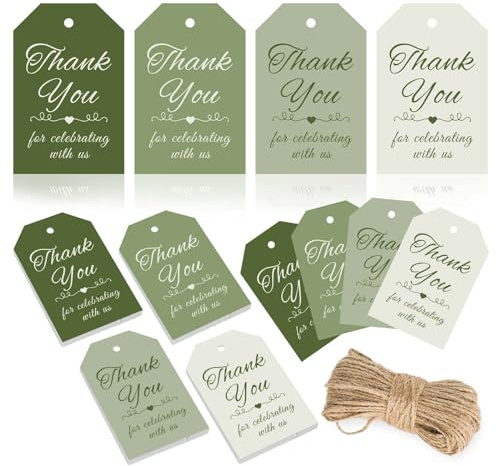 JarThenaAMCS 120 Stück salbeigrüne Dankesschilder, 4 Farben, Farbverlauf, grüne Hänge-Etiketten mit Hanfseil, buntes Blanko-Papier, Geschenkanhänger für Geburtstag, Hochzeit, Einladung, Bastelbedarf