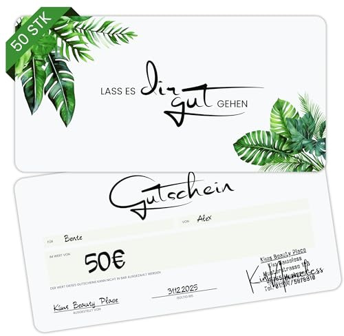 Gutscheinkarten zum Selbstausfüllen (50er Set, DIN Lang) - Grüner Farn | Blanko Gutschein zum Ausfüllen als Vorlage für Massage, Kosmetik, Friseur und Andere - Gutscheinvorlagen Neutral und Edel