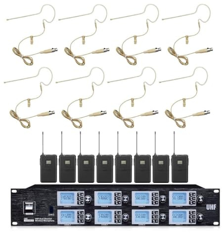 8 Channel UHF Wireless Microphone System Single Earset Mic for Film Making