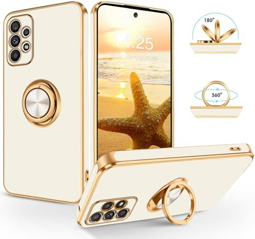 SouliGo Samsung Galaxy A53 Handyhülle - Slim TPU Silikon Case mit 360 Grad Ring Halter Ständer, Kratzfest in Weiß Gold