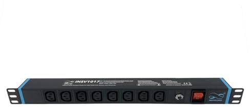 Infitronic INSV1017 19 Zoll PDU Steckdosenleiste 1HE, 8-Fach IEC C13 Kaltgeräte Stromverteiler, Überspannungsschutz & 10A Sicherung, Aluminiumgehäuse Schwarz, 2m Kabel, für Server & IT-Rack