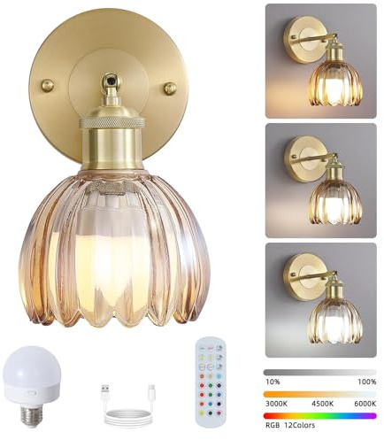 Vintage Battery Operated Wireless wall Sconces, Rechargeable Gold Amber Tulip Glass Lampshade, Remote Dimmable LED Light Fixtures for Bedroom, Living Room