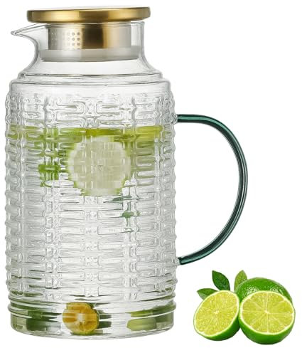 Buaic Jarra de vidrio con tapa, jarra de agua vintage de 68 onzas/2 litros, jarra de agua de vidrio de borosilicato transparente para infusión fría, café, limonada, té helado, bebidas, jarra de vidrio