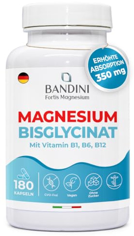 Bandini® Magnesio Bisglicinato 180 Capsule (2 mesi), 350 mg di Glicinato, Chelato per dose arricchito di Vitamina B1, B6, B12 Anti stress e fatica, Integratore per Sistema Nervoso, 100% Vegan