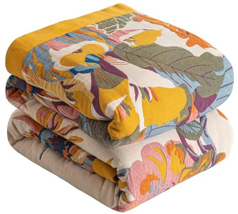 SE SOFTEXLY Manta boho 100% algodón – Doble cara muselina colcha 150 x 200 cm, manta acogedora para sofá y cama, diseño estético, ideal para salón y dormitorio, naranja/verde