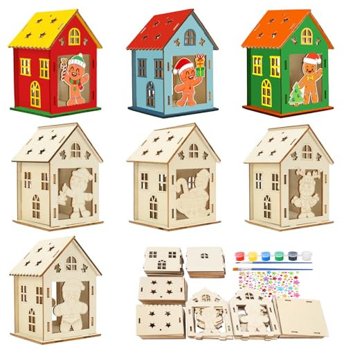 MONCAP 7 Stück Weihnachtshaus Basteln Kinder Weihnachten Bastelset Holz Lebkuchenmann Haus Kreativsets Weihnachten Deko Bastelset mit 2 Pinsel für Weihnachten Party Geschenk Winter Jungen Mädchen