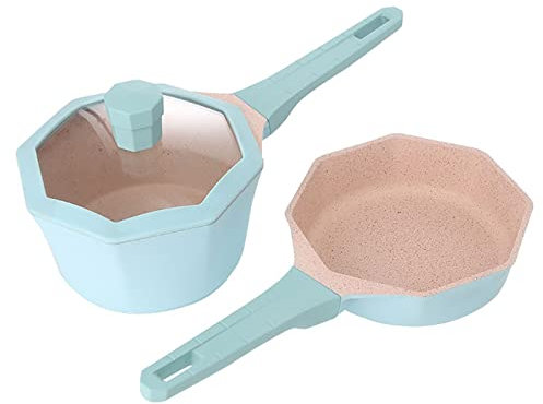 NSTVVEE Juego de ollas y sartenes antiadherentes para cocinar, ollas y sartenes con Revestimiento de cerámica, Cacerola con Tapa, sartén Rosa/Azul (2 Tallas únicas)