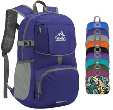 WATERFLY Hiking Packable Daypack Backpack: 25L Ultra Lightweight Day Pack for Woman Man - Small Compact Folding Back Pack for Outdoor Sport Cycling Camping Travel Trip - Dark blue