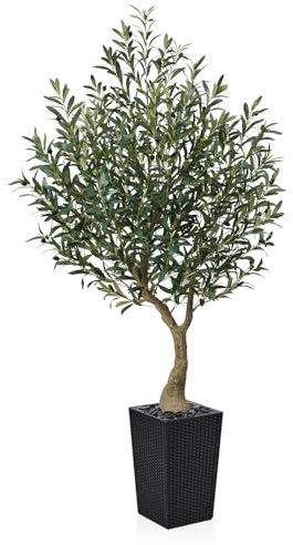 VeriNatural Artificial Olive Tree 180 cm - Tall Faux Plant with 1722 Silk Leaves, 78 Fruits, UV Resistant with Black Taper Planter - Large Artificial Plants for Indoors Outdoors Home Garden, VN137