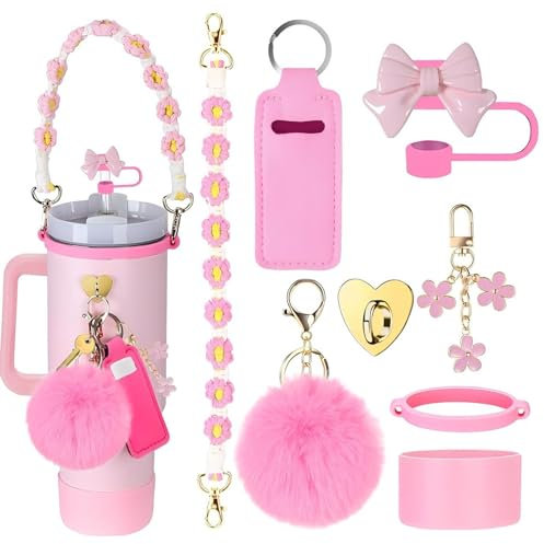 8 PCS Stanley Cup Accessories Set Stanley Water Bottle Decoration Including Straw Cover Water Bottle Flower Handle Sakura Strap Hairball Keychain for Stanley 30oz 40oz (Pink)