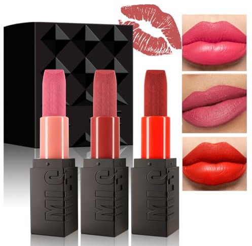 KARLOR Lippenstifte Set Matt, 3 Stück Lip stick Set Rose Nude Rot, Feuchtigkeitsspendend Langanhaltend Lipsticks Set satte Farben geprägt Lippenstift 24 Stunden halt Geschenk Damen(Set A)
