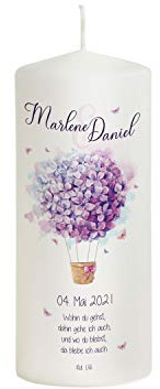 Scheinvoll® Hochzeitskerze Heißluftballon Hortensie mit Namen, Datum und Spruch - Modell Marlene - Kerze mit Lila Blumen (20 x 8 cm)