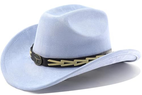 WUFANGBU Fedora Trilby Filzhut Hut Leder Gürtel Verzierung Mit Umgeschlagenen Kanten Jeanshüte Für Männer Und Frauen Outdoor Gerollte Krempe Hüte Filzhüte M(56-58Cm) Hell Himmelblau