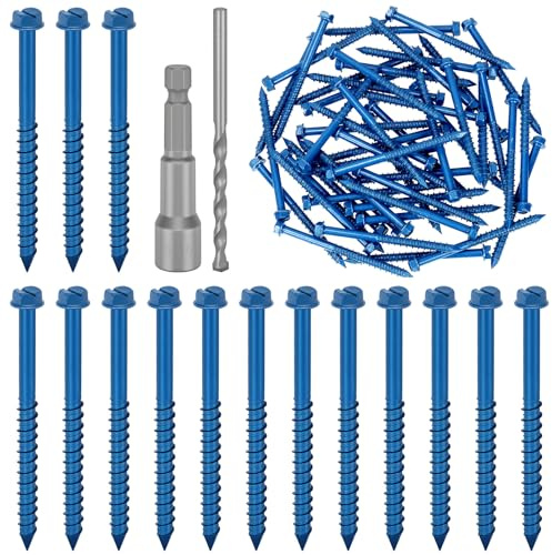 Glarks 52pcs 1/4 x 3-1/4 ’’ Slotted Hex Washer Head Concrete Screws Anchor Kit, Blue Heavy-Duty Cement Screws with Drill Bit and Driver Bit for Anchoring to Masonry, Stucco