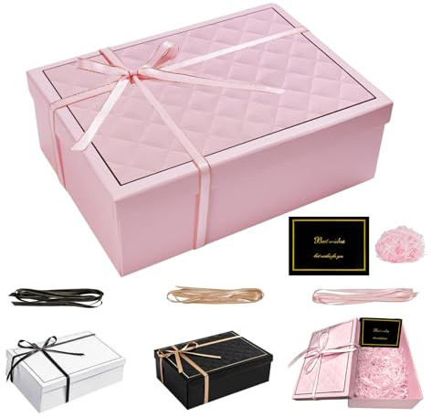 Geschenkbox mit Deckel, 25x18x8,5cm Geschenk Box mit Grußkarten Raffia | Dauerhaft Geschenkbox Geburtstag, Faltbare Geschenkkarton für Hochzeiten Weihnachten Jahrestag