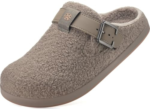 Zapatillas de Estar Invierno Mujer Hombre Peluche Comodidad Cálido Antideslizantes Pantuflas Zuecos Interior Exterior,Khaki,38 EU