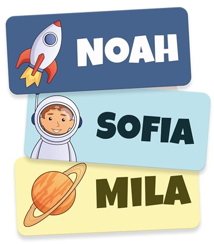 Namensaufkleber Kinder für Schule & Kita (60 Stk, Weltraum) | Personalisiert & Waschmaschinenfest, Namensschilder für Kleidung, Namensetiketten, Klebeetiketten Namen Kinder