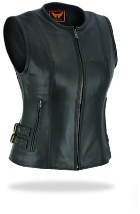 TackField Women's Premium Cowhide Leather Motorcycle Heavy Duty Vest – Biker Riding Collarless Vest (US, Alpha, Medium, Regular, Regular, Black)