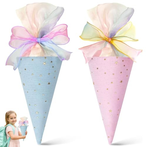 AYNKH 2 Stück Einschulung Geschwister Schultüte Jungen Mädchen, Stoff Geschenkbeutel Füllung, Schulkonus kleine Zuckertüte mit Schleife für Kinder (Rosa + Blau)