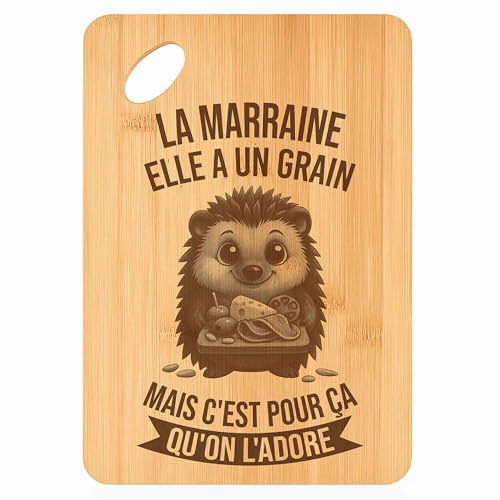 Planche à découper La Marraine Hérisson Grain - Plateau Apéro en Bambou Cadeau Gravé pour Femme Cuisine Barbecue