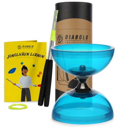Diabolo Freizeitsport Jonglier-Set Pro mit kugelgelagertem Diabolo (transparent türkis), Ersatzschnur (160cm), Handsticks aus Aluminium und Gedruckter Anleitung