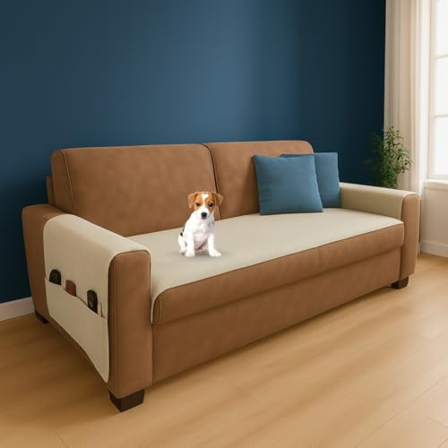 Farè – Runner Copriseduta Divano Impermeabile con Copribraccioli e Tasche Organizer - Copridivano Universale Antimacchia - Ideale per cani, gatti e bambini - Armor Panna