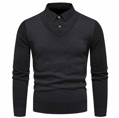 Herrtröja med fuskskjorta krage – 2-i-1 Slim Fit V-ringad stickad tröja, vinter varm långärmad ledig cardigan tröja, skjorta krage rock pullover för män, Svart, 3XL