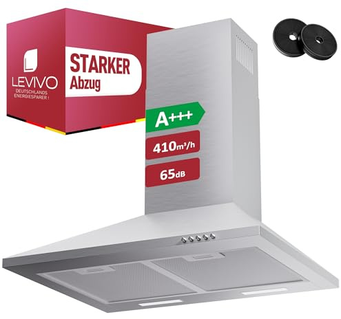 LEVIVO A+++ Dunstabzugshaube 60cm Umluft & Abluft mit 410 m³/h Luftleistung, Abzugshaube mit 2 Aktivkohlefiltern, 2 Fettfiltern, 3 Leistungsstufen, LED-Licht, Dunstabzug Wandhauben, Silber