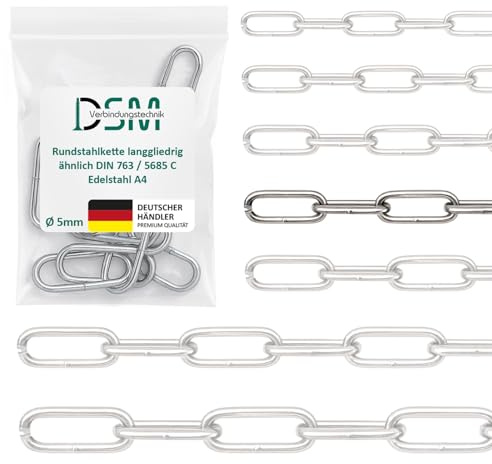 DSM – Rundstahlkette 5 mm Ø – langgliedrig DIN 763 – Edelstahl A4 – 10 m | 1 Stück Meterware – Bruchlast 1000 kg [TrueSpec Präzision] Edelstahlkette rostfrei für Garten, Boot, Werkstatt & Dekoration
