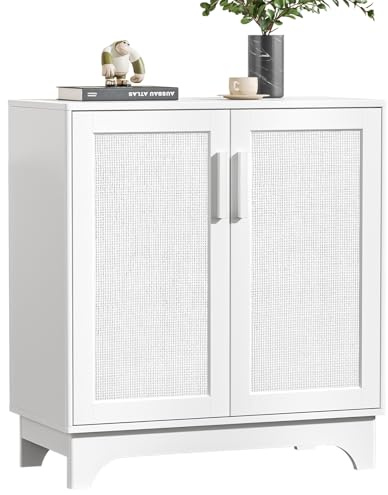 Yvsevnr Rattan Credenza Cucina Legno con 2 Ante, Mobile Cucina Moderno con Ripiano Regolabile, Credenza Buffet per Soggiorno, Sala, Bianco Armadietto Organizzatore 80 x 40 x 89 cm