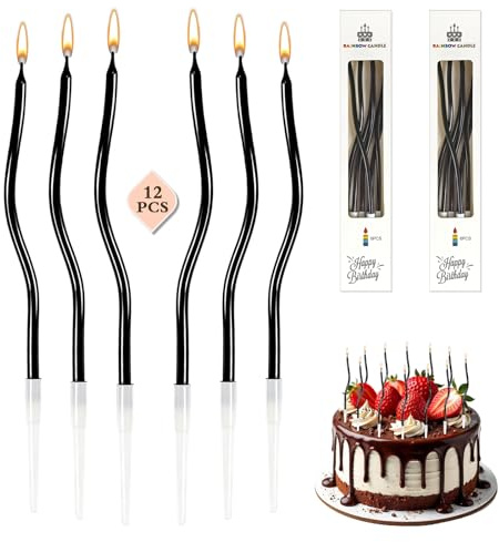 12 Stück Geburtstagskerzen, Spiral Kuchen Kerzen (Schwarz) | Geburtstag Kerzen mit Haltern für Dekorative Geburtstag Hochzeit Party, Dünn und Lang 16CM, Geburtstagskerzen für Torte