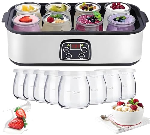 Yogurtera eléctrica multifunción de 1400 ml con 8 tarros de 175 ml, pantalla LED y temporizador, fácil limpieza para queso y yogur fresco casero