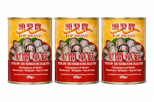 Top Canned Straw Mushroom Halves, 425g per Tin, Ready to Cook, Vegan, 3 Pack