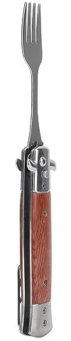 Chrees Fourche à ressort avec poignée en bois de rose - Fourche de suspension pliable en acier inoxydable - Pour extérieur et camping - Poche à boutons