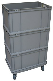 1 Transportroller 600x400mm + 3 Boxen, ABS Rahmen rot, graue Gummiräder Kistenroller Rollwagen, Eurokisten
