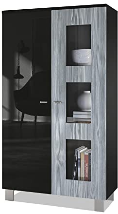 Vladon Vitrine Denjo, Made in Germany, Standvitrine mit 2 Türen und 3 Glaseinsätzen, Schwarz matt/Schwarz Hochglanz/Avola-Anthrazit (71 x 129 x 35 cm)