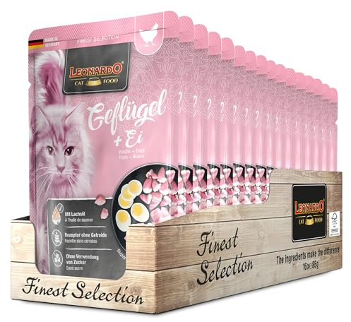Leonardo Sacchetto salvafreschezza [16x85g Pollame + Uovo] | Cibo umido senza cereali per gatti | Alimento completo umido in busta monoporzione