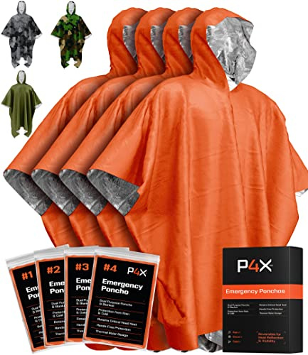PREPARED4X Emergency Mylar Poncho – Survival Rain Poncho with Hood – Lightweight, Compact, Reusable Emergency Blanket Poncho for Hiking, Camping, Thermal Gear, Car Kit, Outdoors – 4 Pack (Orange)