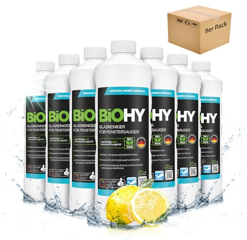 BiOHY Glasreiniger für Fenstersauger (9 x 1 Liter) | Fensterreiniger Konzentrat für alle Fenstersauger | Bio Reinigungsmittel sorgt für streifenfreien Glanz | Glasreiniger | Fensterputzmittel