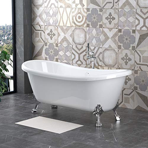 NRG Traditional White Curved Freestanding Bathtub Roll Top Bath with Chrome Claw Feet 1750 x 780mm