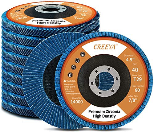 CREEYA 10 pezzi Dischi lamellari 115 * 22mm, T29, Grana 40, zirconia alta densità 80 pagine, Dischi Abrasivi Lamellari per metallo/legno/Plastica, Dischi smerigliatrice