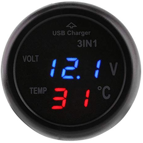 KIMISS Digital Voltage Temperature Monitor Tester, PKW 3in1 Dual LED Display Voltmeter Thermometer Zigarettenanzünder USB Autoladegerät für 12V-24V PKW SUV LKW(Blau + Rot)